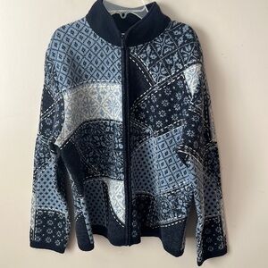 Vintage Talbots Patchwork 100% Merino Wool Zip Up Jacket Size XL Blue